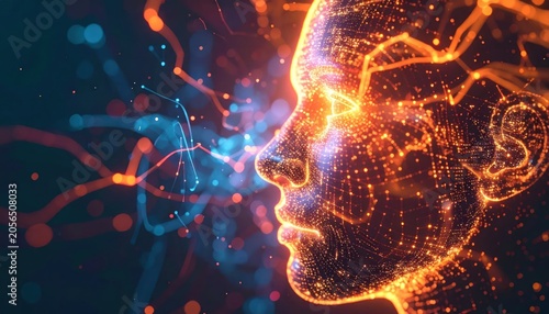 Digital human head profile with glowing neural network connections.