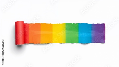 Rolled colorful paper strip transitioning through rainbow hues on white background