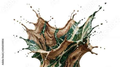 Dynamic liquid splash with marble and wood textures.