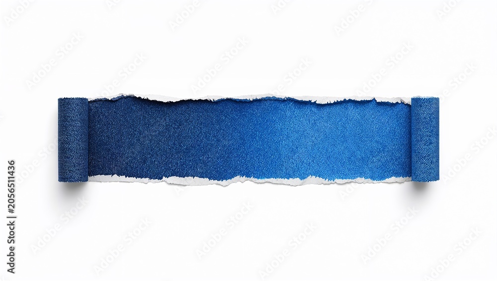 Obraz premium Torn blue paper strip with curled edges on white background for design or art projects