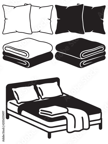 Bedding vector icon set with pillows folded blankets and a double bed for bedroom furniture and hotel service design