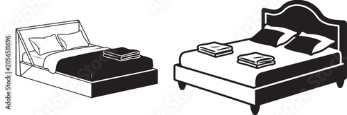 Cuadro en lienzo Double bed vector icons with pillows and blankets for bedroom furniture design a