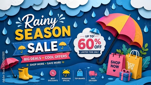 Paper cut style Monsoon Sale banner with shopping bags and rain themed elements - ai generative