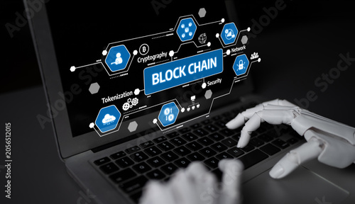 A robotic hand interacts with a laptop showcasing block chain technology concepts  emphasizing security  cryptography  and innovative digital solutions. Tessel