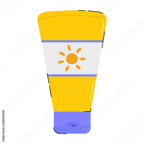 Doodle sunscreen tube icon vector illustration. Yellow sunblock hand drawn tube. Sun protection cosmetic isolated on white background.