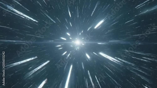 Hyperspace travel through star field, futuristic cosmic warp speed journey, motion graphic animation with light streaks and glowing central point on dark background