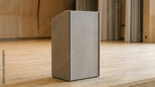 Minimalist Grey Podium on a Wooden Stage in a Spacious Modern Conference Hall for Presentations
