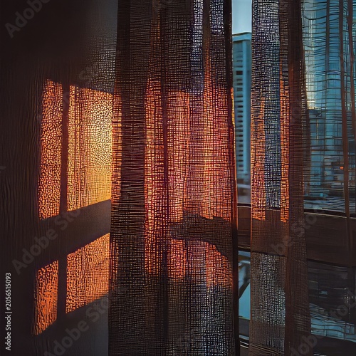 Warm Sunrise Light Filtering Through Textured Window Curtains