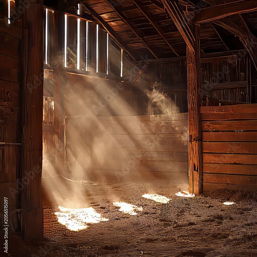 Light Rays Streaming Through Rustic Barn in Warm Golden Glow