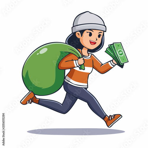 Cartoon Thief Running with Stolen Money Bag and Cash