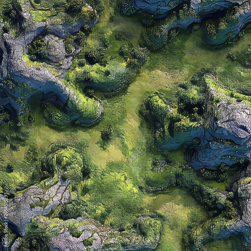 Aerial View of Rocky Terrain with Lush Green Vegetation