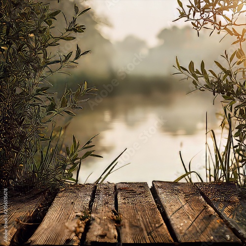 Serene Lake Sunrise with Wooden Dock and Green Vegetation