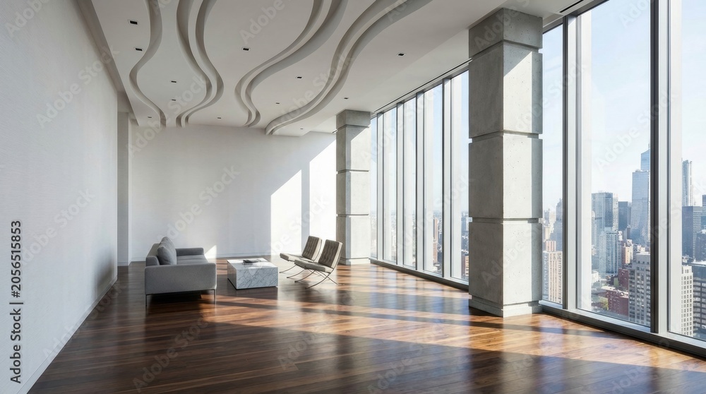 Fototapeta premium Modern Interior Design with Large Windows and City View.