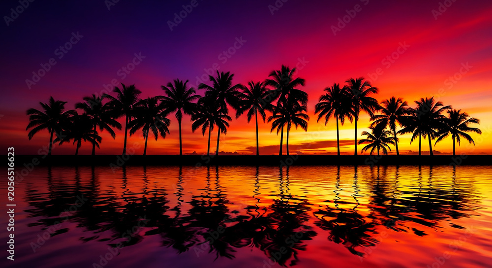 Obraz premium Silhouette of palm trees at tropical sunrise or sunset