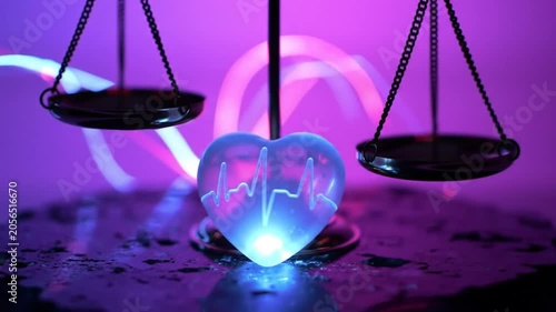Glowing blue glass heart with heartbeat line and scales of justice on neon purple background