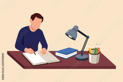 Student studying at desk with books and stationery. School equipment concept. Colored flat graphic vector illustration isolated.