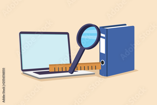 Learning accessories with binder and magnifying glass. School equipment concept. Colored flat graphic vector illustration isolated.