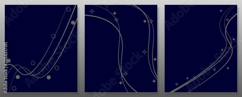 Abstract dark blue vertical background template set, modern minimalist navy banners with elegant silver wavy lines and geometric shapes vector illustration
