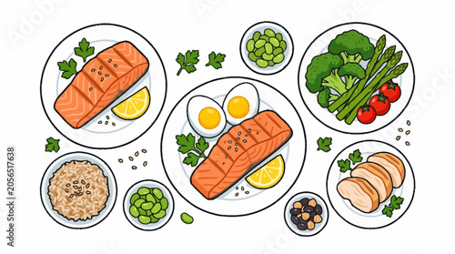 Obraz na plátně Healthy Food Platter with Salmon Chicken and Vegetables.