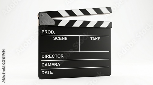 Black movie clapperboard with white diagonal stripes, isolated on a pure white background