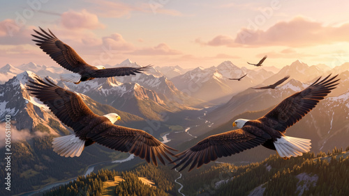 Eagles are flying in the sunset in a group and creating a friendly environment in mountains and creating a beautiful scene