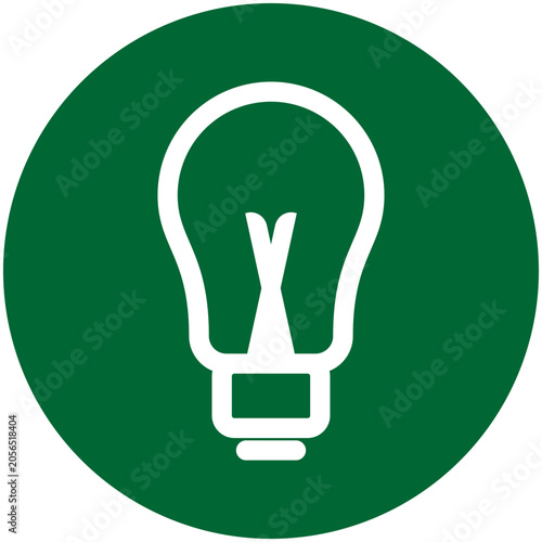 Minimalist vector icon of a light bulb inside a solid green circle, symbolizing creative thinking, innovative ideas, inspiration, and green eco-friendly energy solutions.
