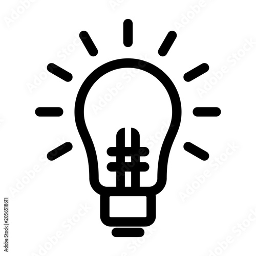 Minimalist black outline vector icon of a shining light bulb with rays and visible filament isolated on white background, representing creative inspiration, brainstorm, and innovation solutions.
