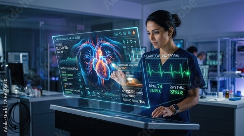 A female healthcare professional examines a holographic display showing a detailed cardiovascular analysis of a patient.