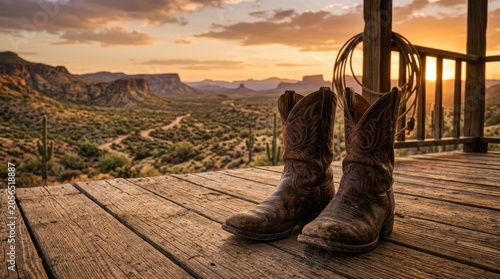 A pair of worn, brown cowboy boots rests on a weathered wooden porch. The boots are positioned in front of a stunning desert landscape at sunset.