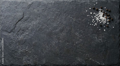 Black slate stone surface, peppercorns, salt crystals, dark textured background