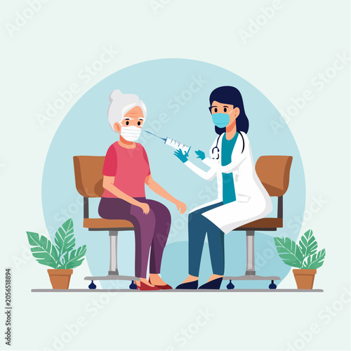 Doctor administering vaccine to elderly woman wearing mask
