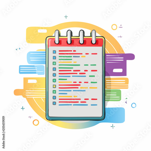 Notebook with colorful code lines and abstract shapes
