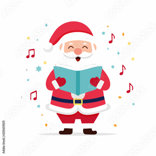 Santa Claus singing Christmas carols with musical notes and stars