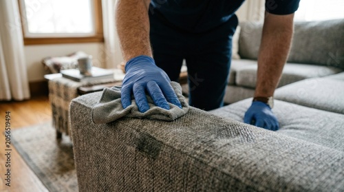 A man wearing blue gloves is cleaning a gray sofa with a cloth. He is carefully wiping the fabric, likely removing stains or dirt.