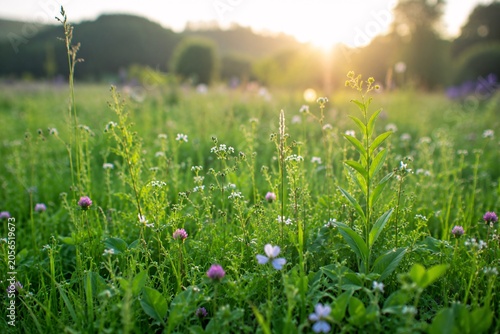 Sunlit Wildflower Meadow Glowing Peacefully During Golden Summer Evening