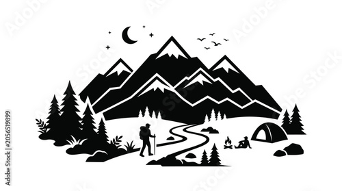Obraz na plátně Mountain Landscape Silhouette With Hiker And Camping Tent Black On White