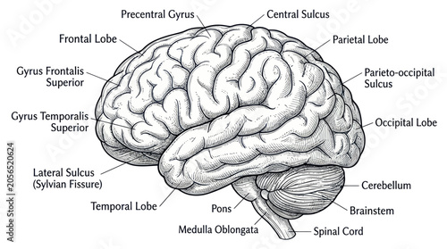 Bild auf Leinwand Human Brain Anatomy Diagram with Labels - Detailed Medical Illustration