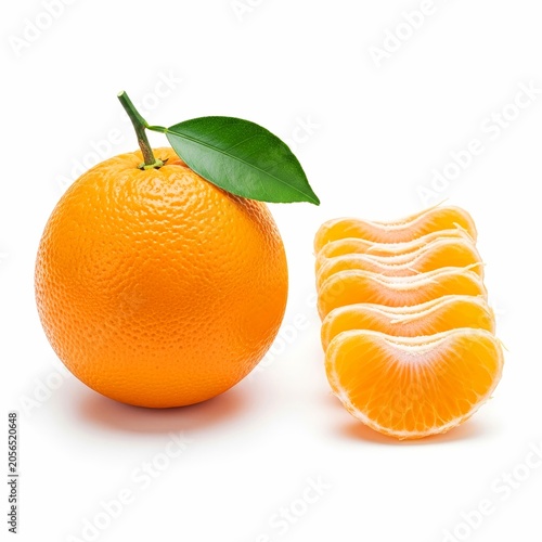Fresh whole orange fruit with green leaf and multiple juicy citrus segments isolated on a white background