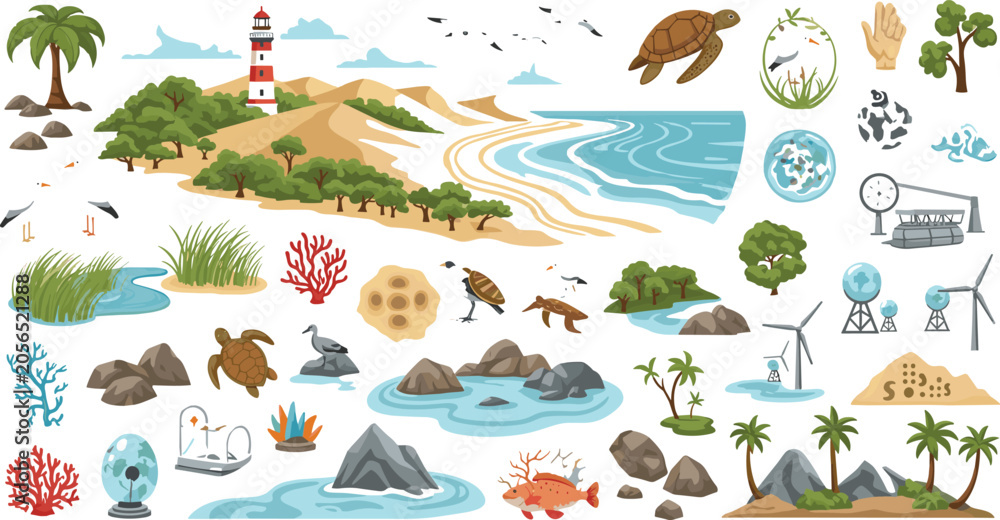 Fototapeta premium Coastal Ecosystem and Island Conservation Vector Collection with Wildlife, Renewable Energy, Marine Habitats and Environmental Sustainability Elements for Education