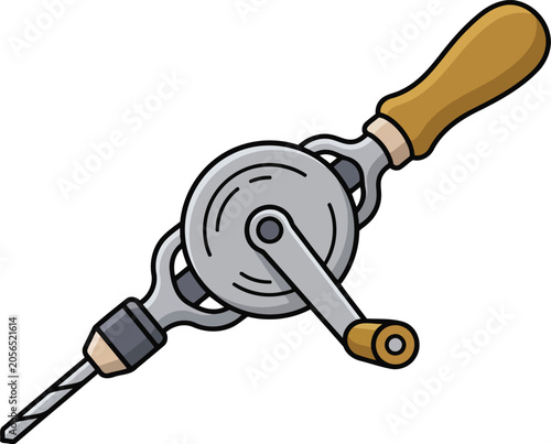 Vintage Hand Drill Flat Vector Illustration with Manual Carpentry Tool, Woodworking Equipment and DIY Construction Design.