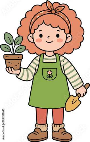 Cute Little Gardener Girl Cartoon Flat Vector Illustration with Potted Plant, Gardening Tools and Home Garden Character Design.