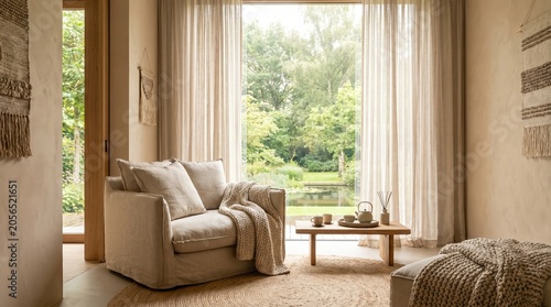 Luxury mindfulness corner with neutral tones, organic textures, linen cushions, floor-to-ceiling window overlooking nature 