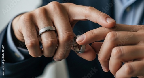 Man removing wedding ring from finger symbolizing divorce and relationship separation