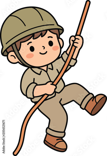 Cute Soldier Climbing Rope Cartoon Flat Vector Illustration with Military Training, Army Character and Adventure Activity Design.