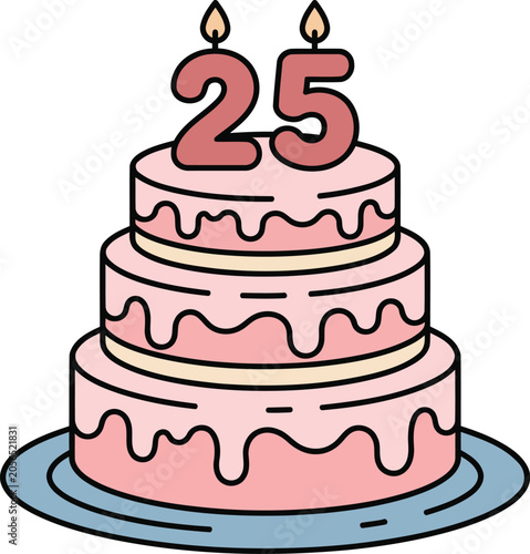 25th Birthday Celebration Cake Flat Vector Illustration with Anniversary Candles, Party Dessert and Festive Event Design.