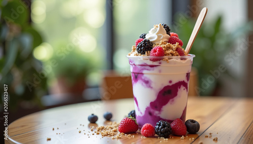 Colorful dessert with berries and whipped cream on wooden table  