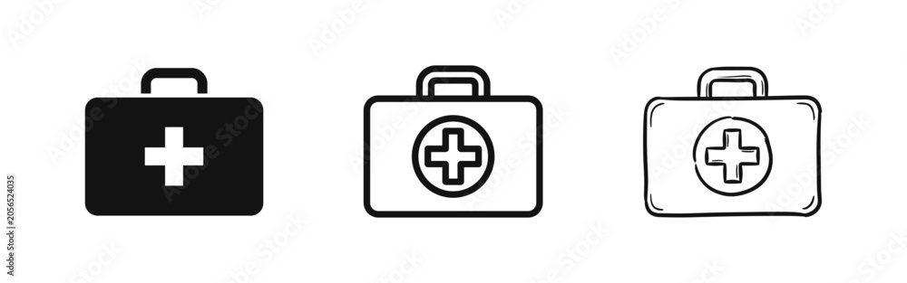Fototapeta premium First aid kit icon set in solid, outline, and hand-drawn styles, medical emergency case symbol.