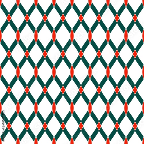 ​Seamless geometric lattice pattern with green wavy lines and red diamond accents on white background.