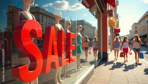 Shoppers walking by store window with mannequins and sale sign  