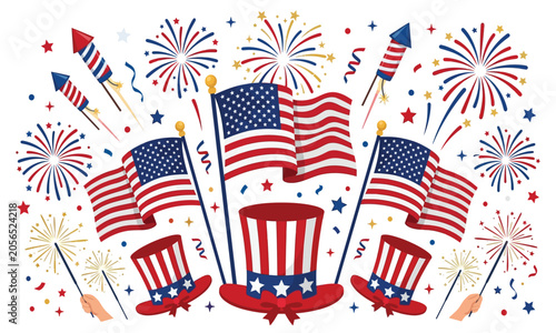 Canvastavla Fourth of july celebration with flags fireworks and uncle sam hats
